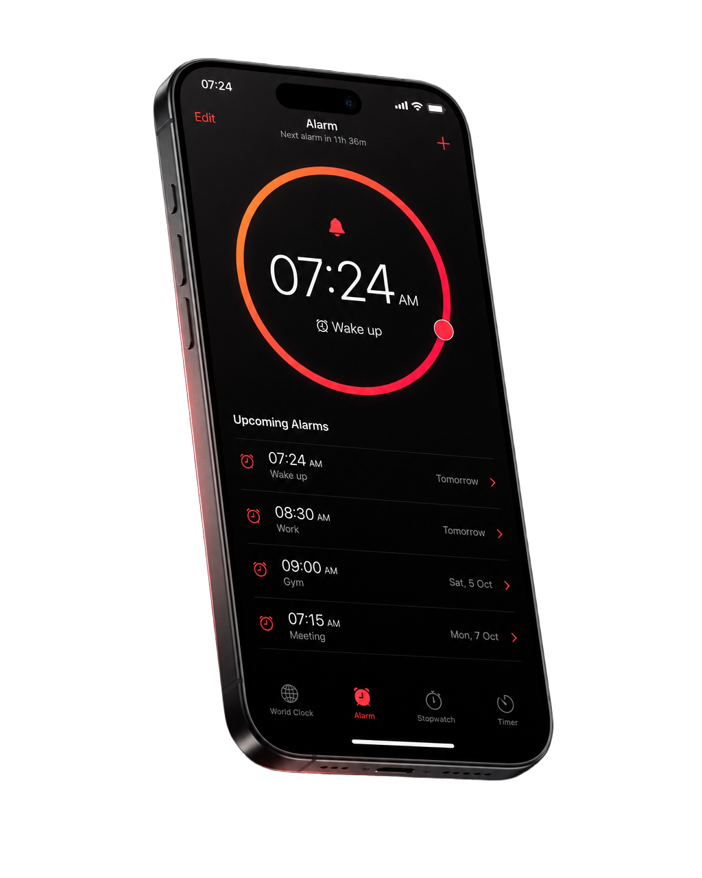 Alarm24 on iPhone showing a wake-up mission during a ringing alarm